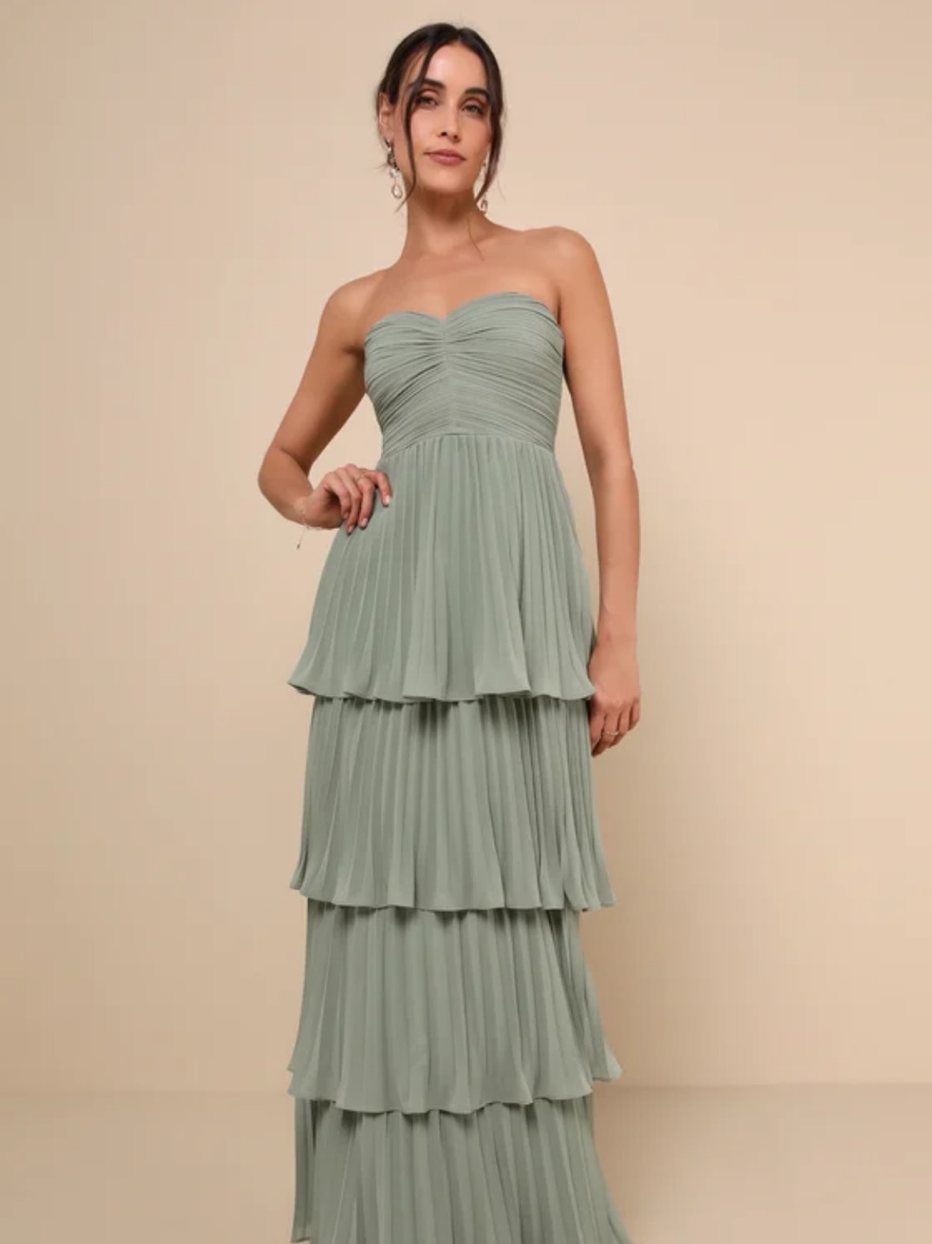Lulu's Seriously Sensational Sage Brush Strapless Tiered Maxi Dress